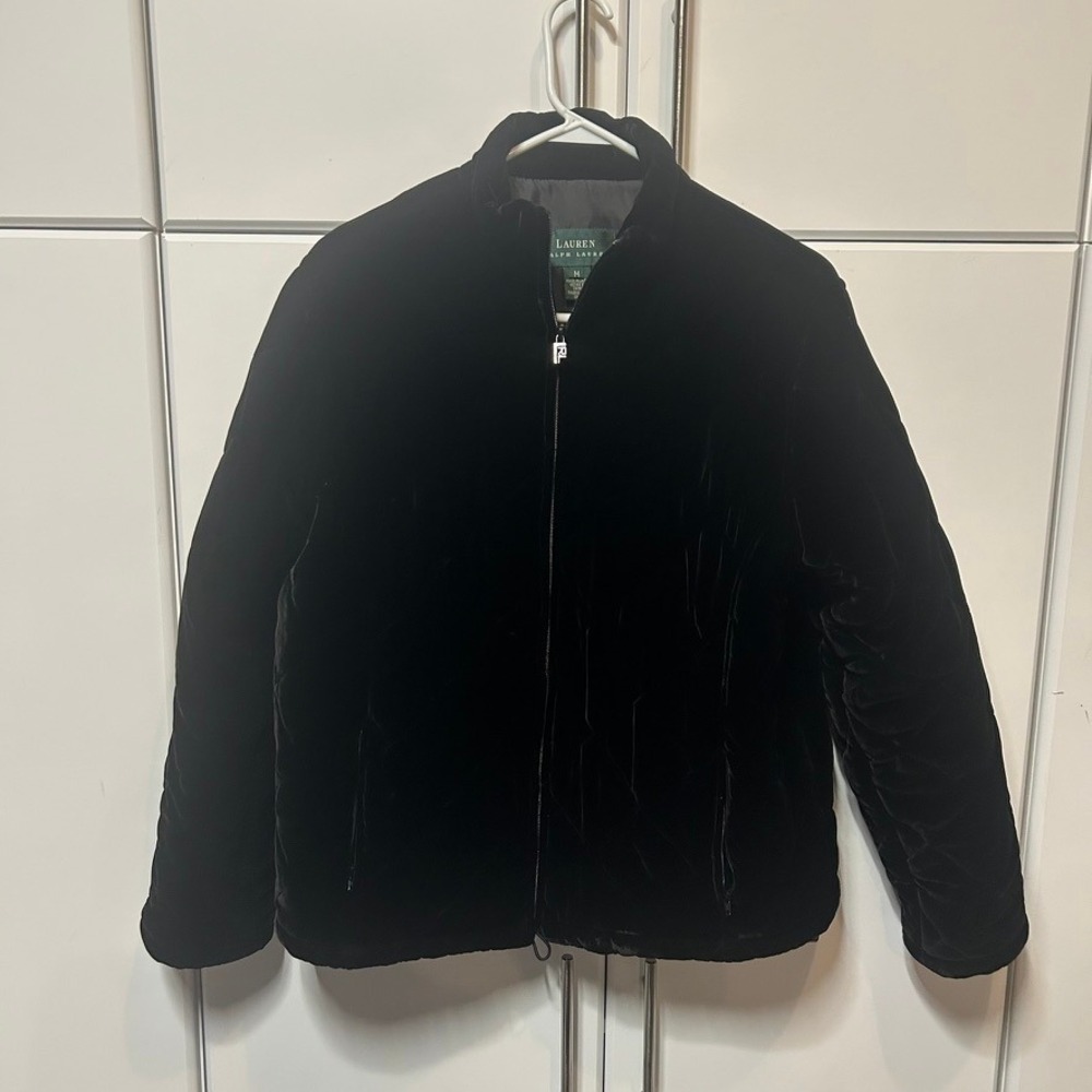 Lauren Ralph Lauren Black Velvet Puffer Jacket Silk Blend Quilted Coat Womens M